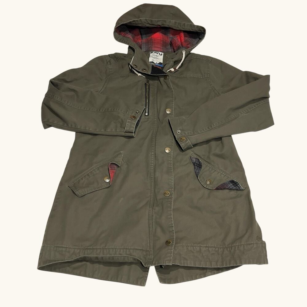 Kavu Sundowner Utility Jacket Womens Medium Green Canvas Plaid Liner Hooded